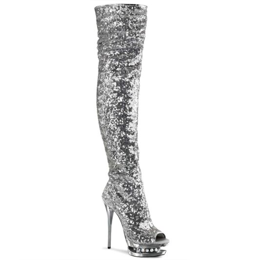 Pleaser Bottes cuissardes BLONDIE-R-3011 Argent Multi Strass Chrome EU-35/US-5