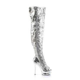 Pleaser Bottes cuissardes BLONDIE-R-3011 Argent Multi Strass Chrome EU-38/US-8