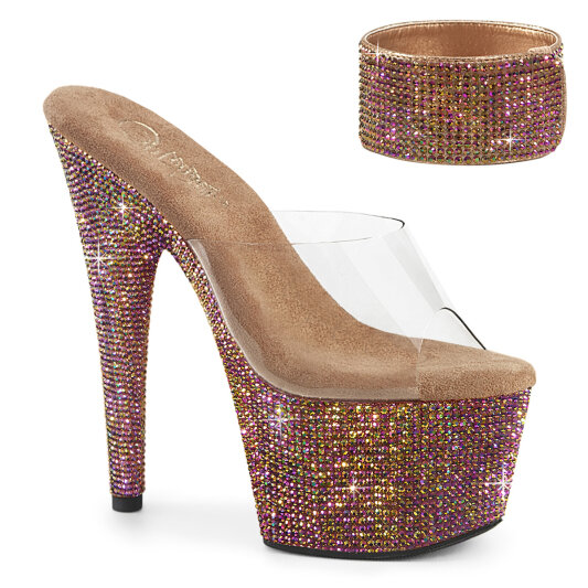 Pleaser BEJEWELED-712RS Mules à plateforme Transparent Strass Marron