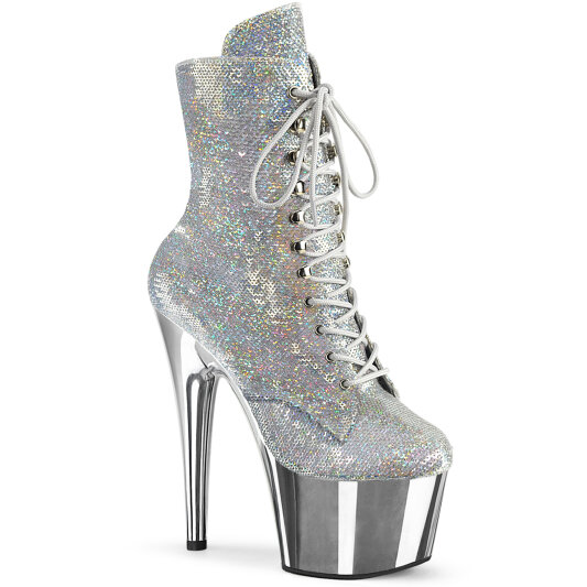 Pleaser ADORE-1020SQ-02 Bottines à plateforme Chrome Holo Paillettes Argent EU-35 / US-5