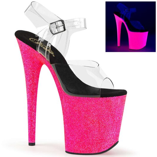 Pleaser Sandales FLAMINGO-808UVG Transparent Néon-Rose Paillettes EU-37/US-7