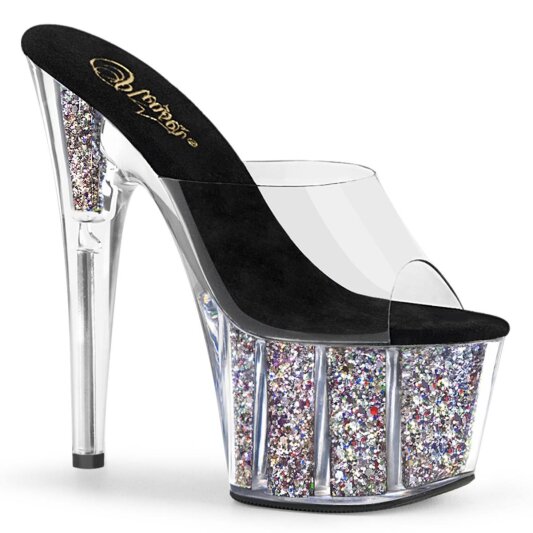 Pleaser ADORE-701CG Mules à plateforme Paillettes Transparent Argent