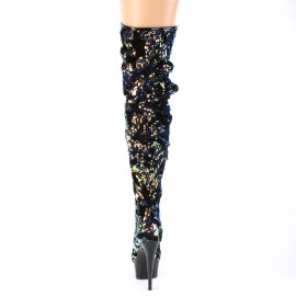 Pleaser DELIGHT-3004 Bottes cuissardes à plateforme Paillettes Bleu