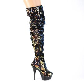 Pleaser DELIGHT-3004 Bottes cuissardes à plateforme Paillettes Bleu