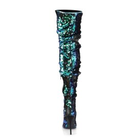 Pleaser COURTLY-3011 Bottes cuissardes Paillettes Vert Bleu EU-41/US-11