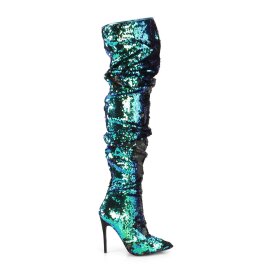Pleaser COURTLY-3011 Bottes cuissardes Paillettes Vert Bleu EU-39/US-9