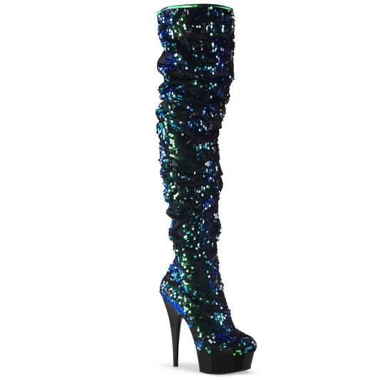 Pleaser DELIGHT-3004 Bottes cuissardes à plateforme Paillettes Vert EU-35/US-5