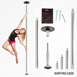 Barre classique de pole dance Lupit Pole avec un modèle dansant dessus. À côté, toutes les pièces individuelles qui composent la barre.