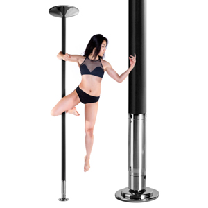 Barre de pole dance noire X-Pole avec un modèle dansant dessus